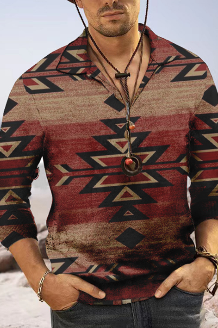Men's Ethnic Casual Long Sleeve Polo Shirt
