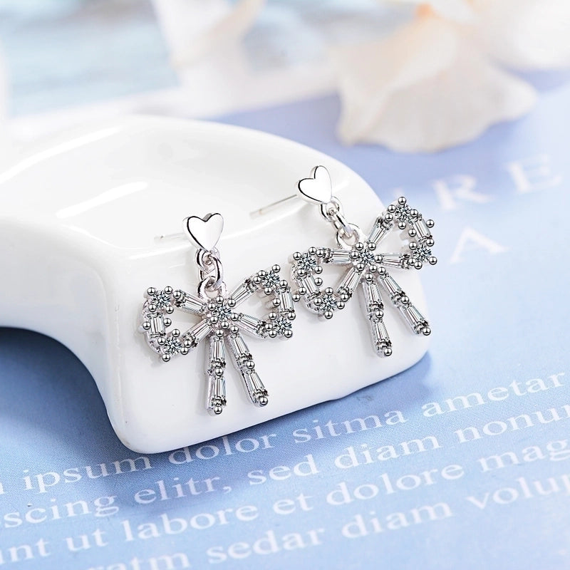 1 Pair Classic Style Commute Heart Shape Bow Knot Inlay Copper Zircon Earrings
