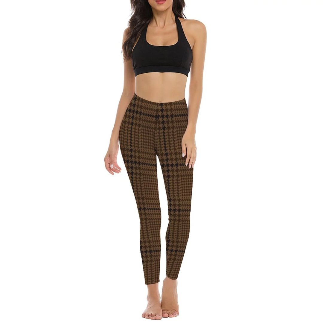 Brown Houndstooth Glen Check Yoga Pants for Women High Waisted Active Casual Wear Full Length Yoga Leggings