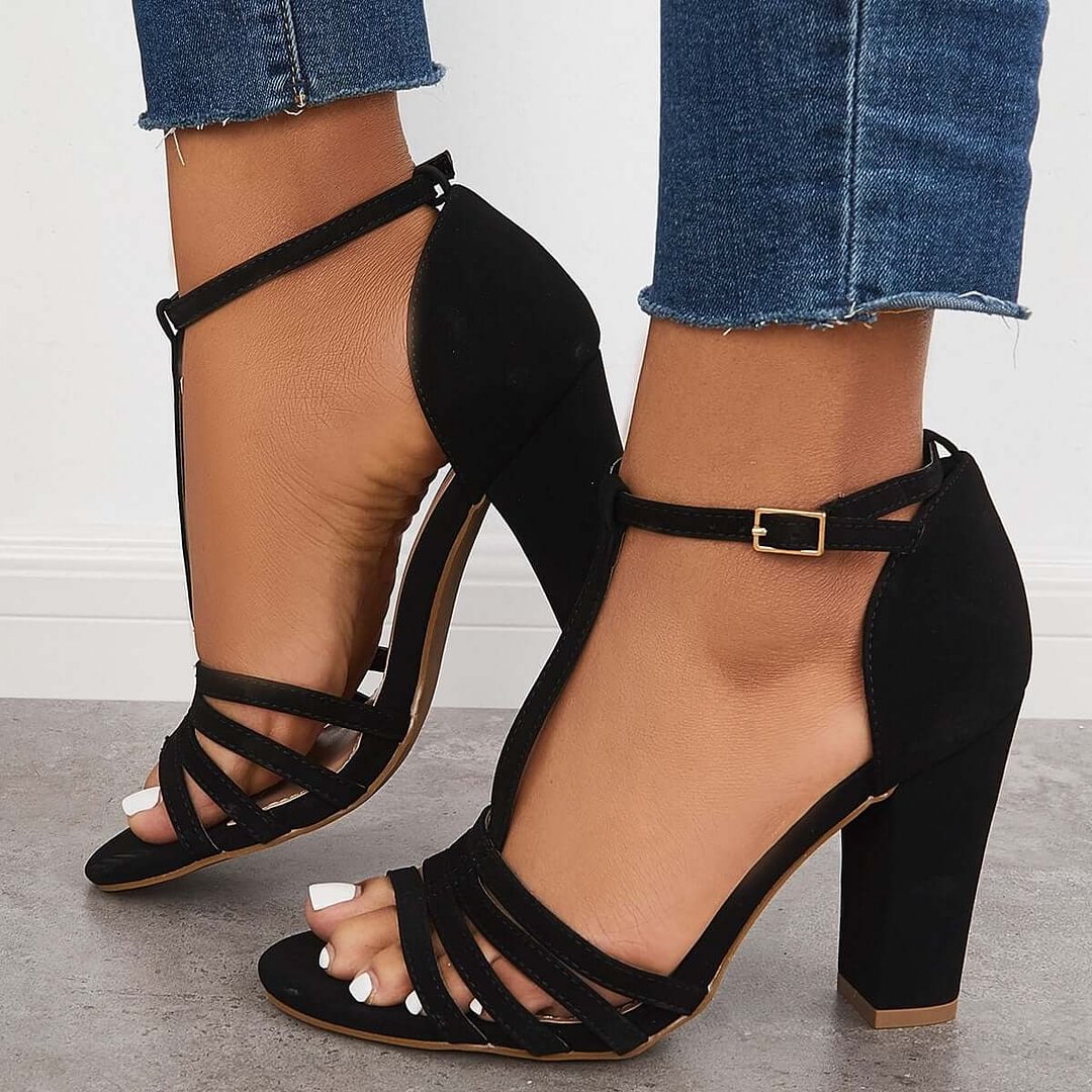 Block Chunky High Dress Heels Open Toe Ankle T-Strap Sandals