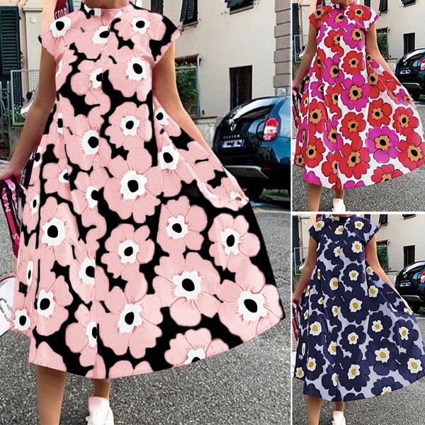 Women Big Swing A-Line Dot Spot Floral Shirt Dress Plus Size Short Sleeve Midi Sundress Holiday Robe - Shop Trendy Women's Clothing | LoverChic