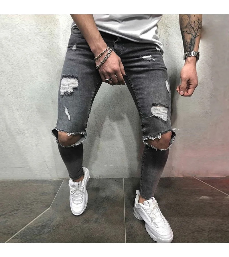 Knee Ripped Design Men Skinny Jeans S-4XL