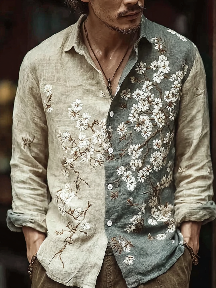 Men's Color-blocking Floral Pattern Cotton And Linen Shirt  artssus