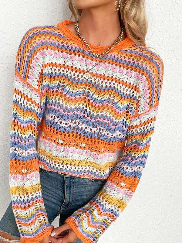 4 Colors Loose Contrast Color Round-Neck Sweater Top