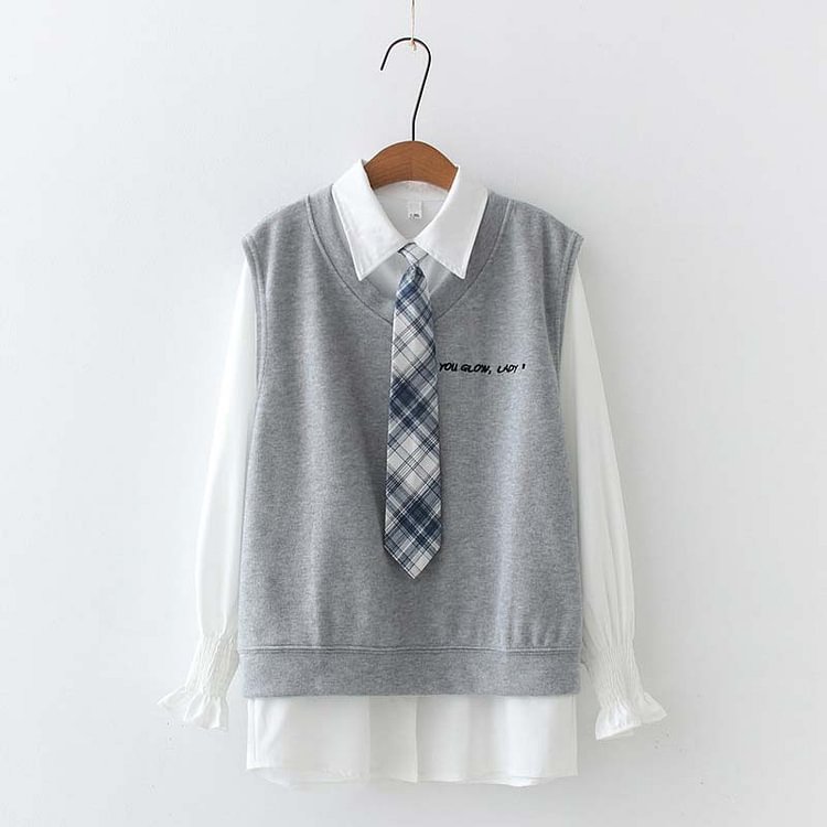 Letter Embroidery Vest Tie Shirt Two-Piece - Modakawa Modakawa