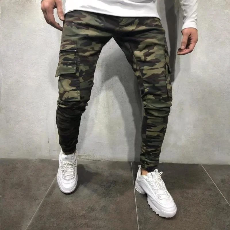 Pantaloni tip jeans cu buzunare mari pentru bărbați, din material elastic, cu imprimeu tip camuflaj