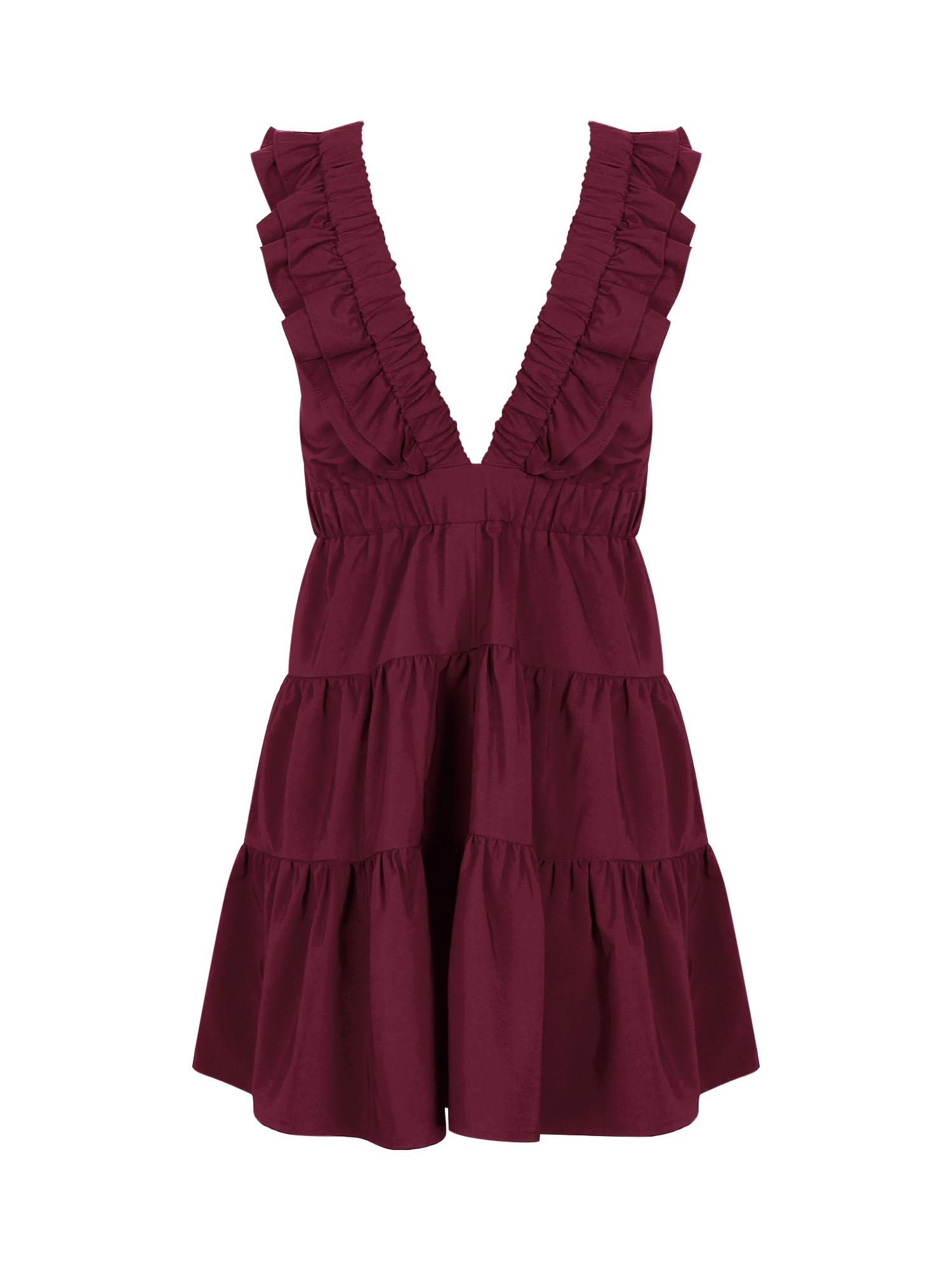 Casual Dress for Summer, Breathable Women's Fitted Plain Deep V Neck Ruffled Dress, Women's Clothes for Daily Wear, Womenswear