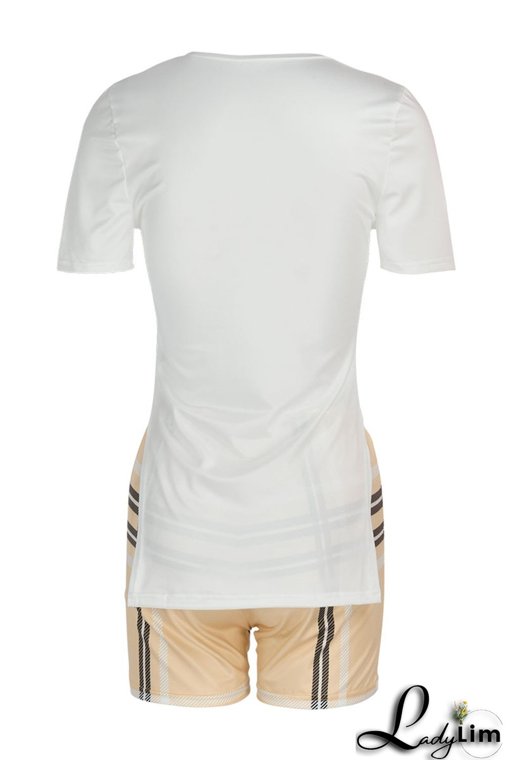 White Casual Print Patchwork Slit O Neck Short Sleeve Two Pieces