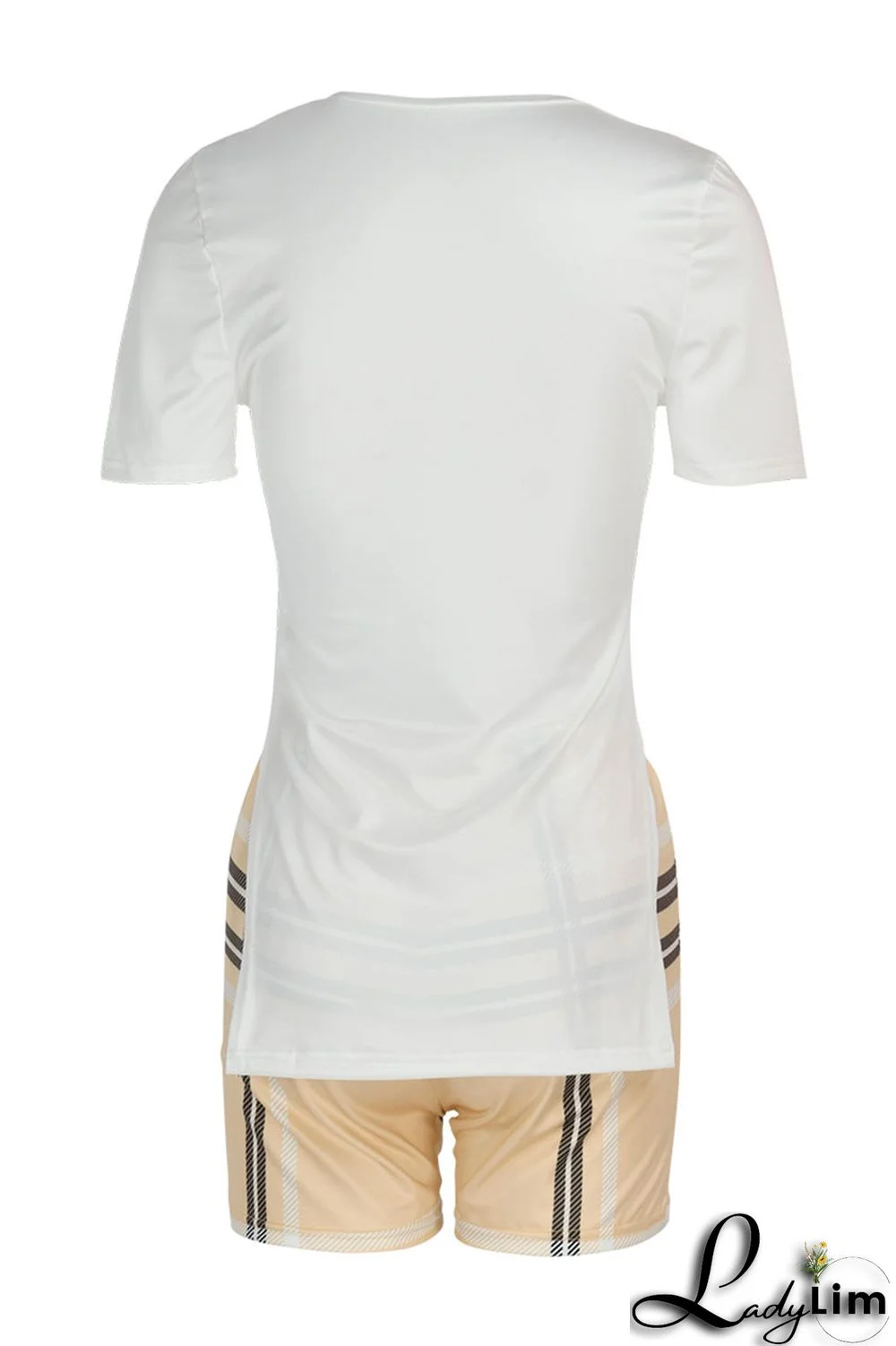 White Casual Print Patchwork Slit O Neck Short Sleeve Two Pieces