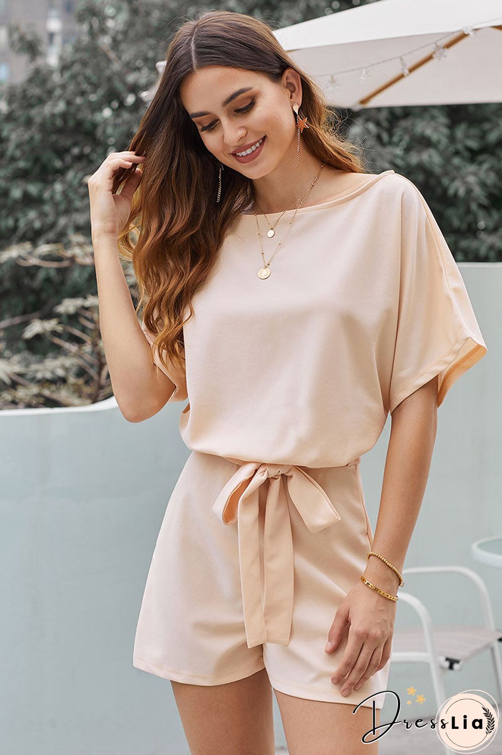 Solid Hollowed Lace-up Romper