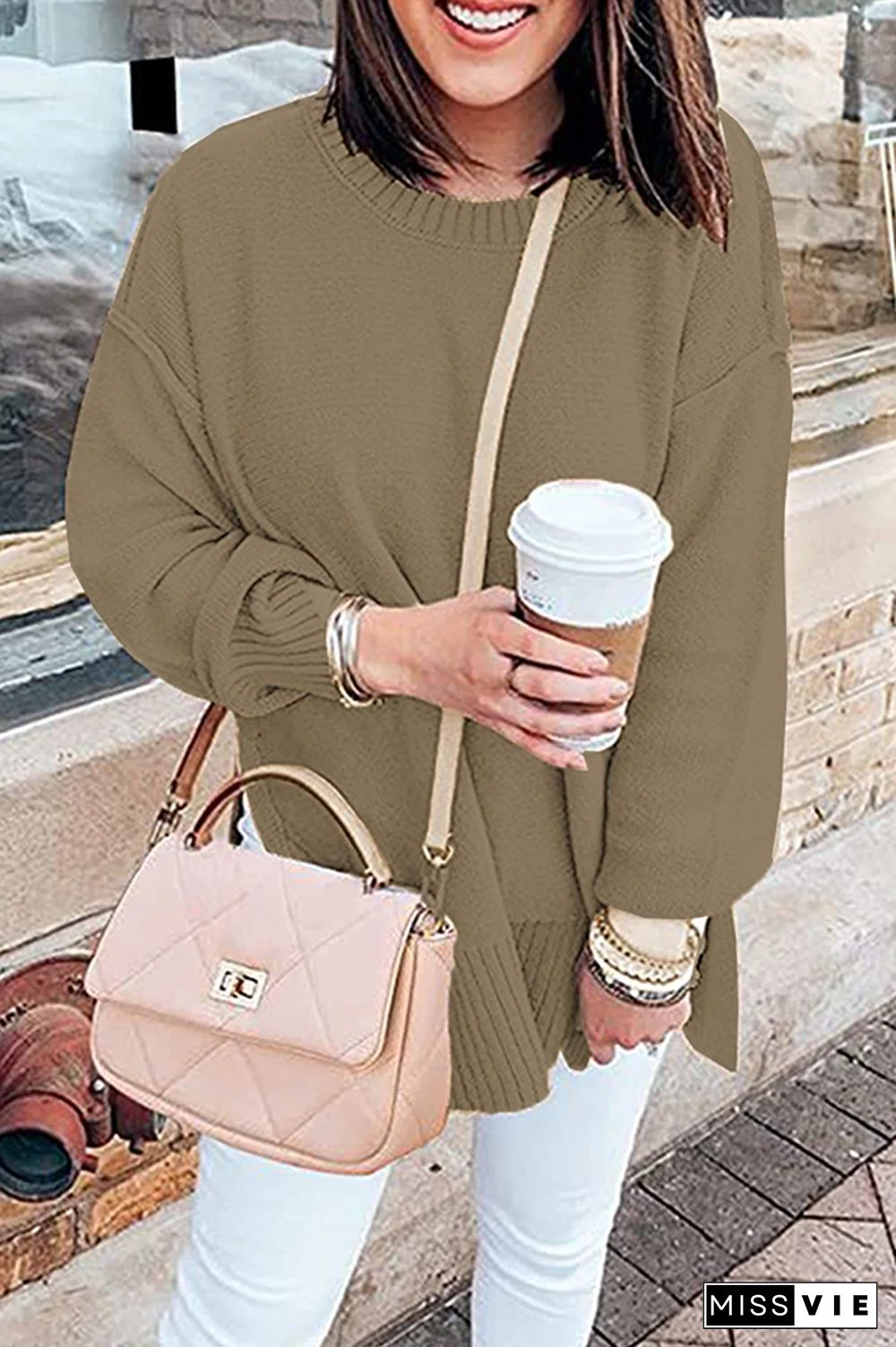 Casual Solid Patchwork Slit O Neck Tops Sweater