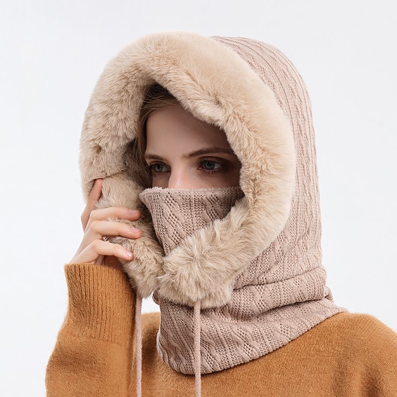 Winter Hat Hood Cold-proof Ski Scarf Integrated Windproof Hat Mountaineering Mask Plush Fluffy Hat
