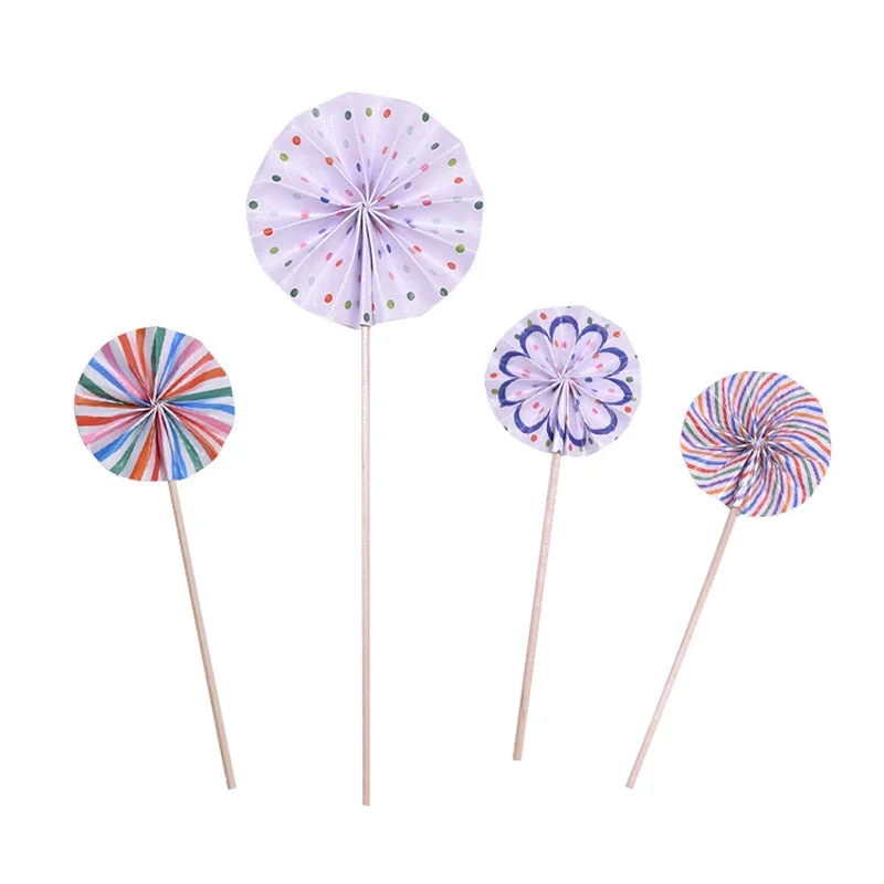 4Pcs/lot Mini Paper Fan Cake Topper Cupcake Toppers Kids Birthday Party Baby Shower Cake Decoration Flags Wedding Favor Supplies