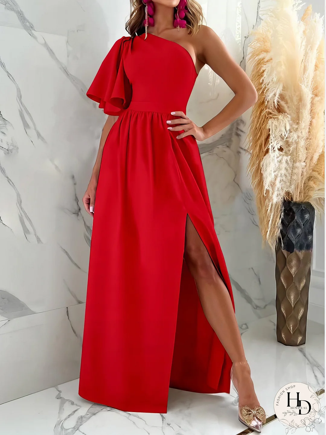 Solid Sloping Shoulder Slit Dress