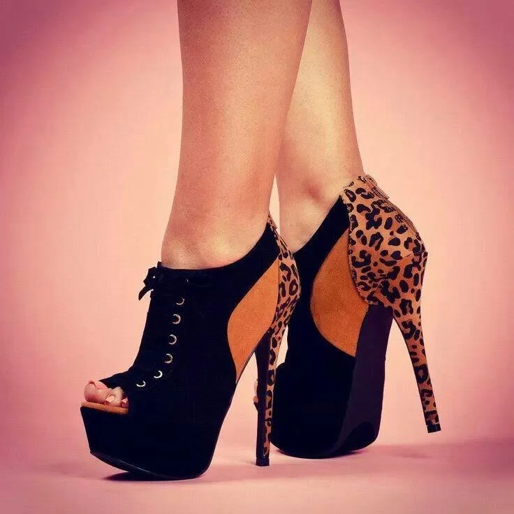 Black Leopard Print Platform Boots Lace Up Peep Toe Heeled Booties |FSJ Shoes