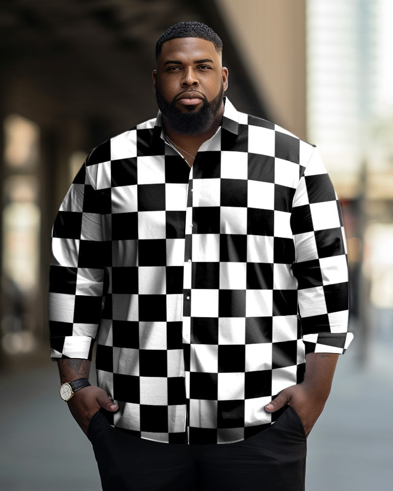 Men's Plus Size Checkerboard Casual Long Sleeve Lapel Shirt