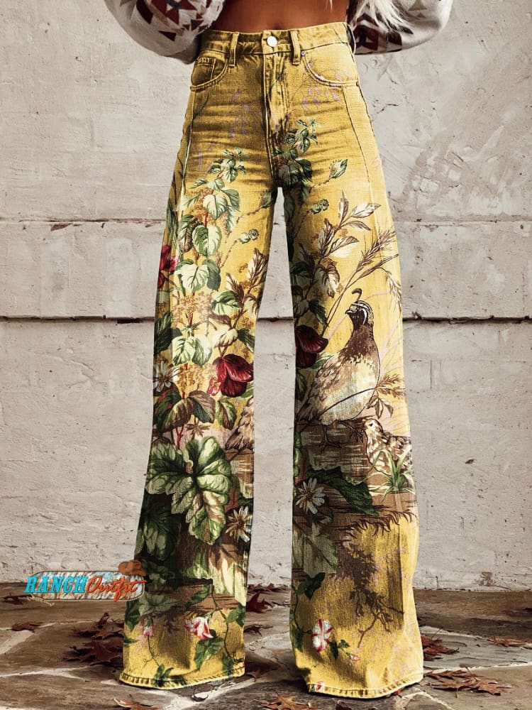 Women’s Vintage Print Casual Wide Leg Pants Multicolor / S