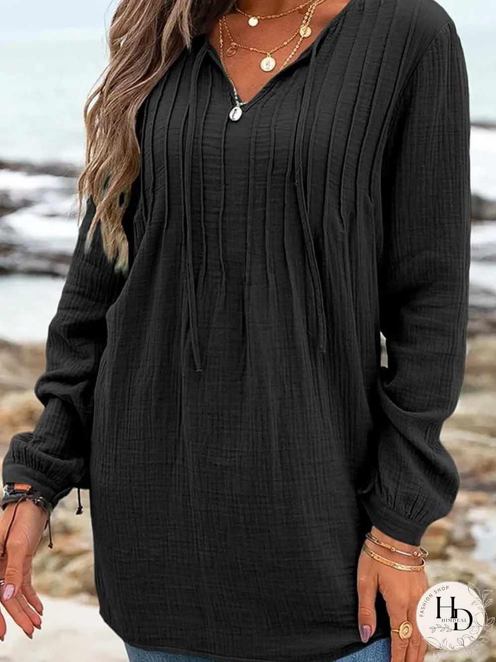 Vintage Black Pleated V Neck Loose Top