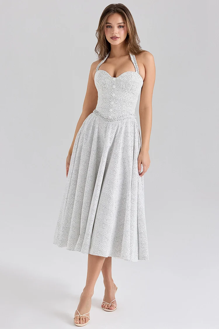 Halterneck Cinch Waist Polka Dot Print Midi Dresses-White [Pre Order]