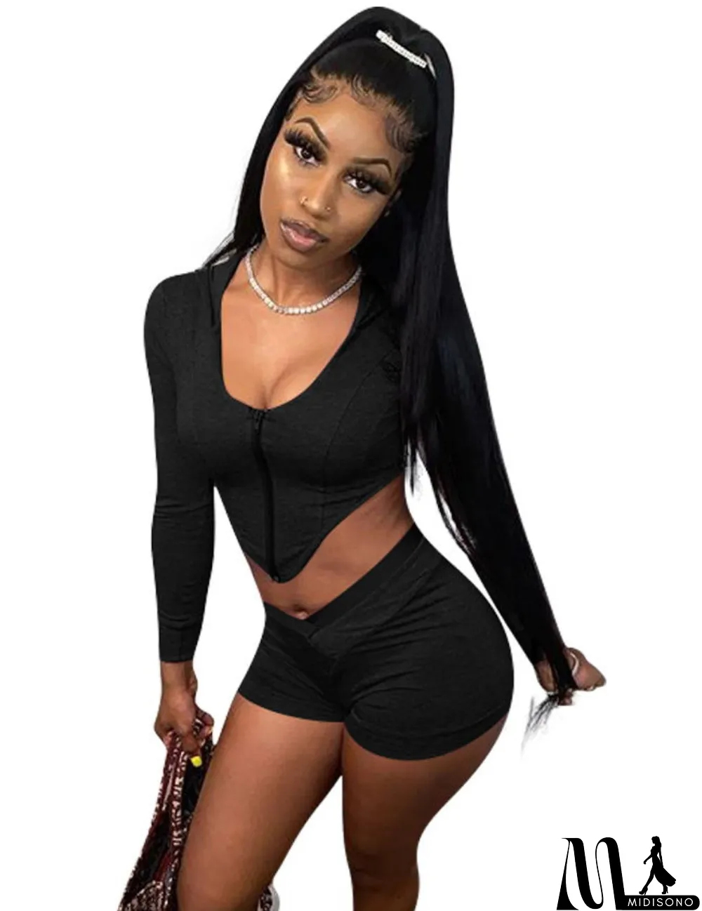 MidiSono - Sports Hoody Zipper Crop Top and Shorts Set