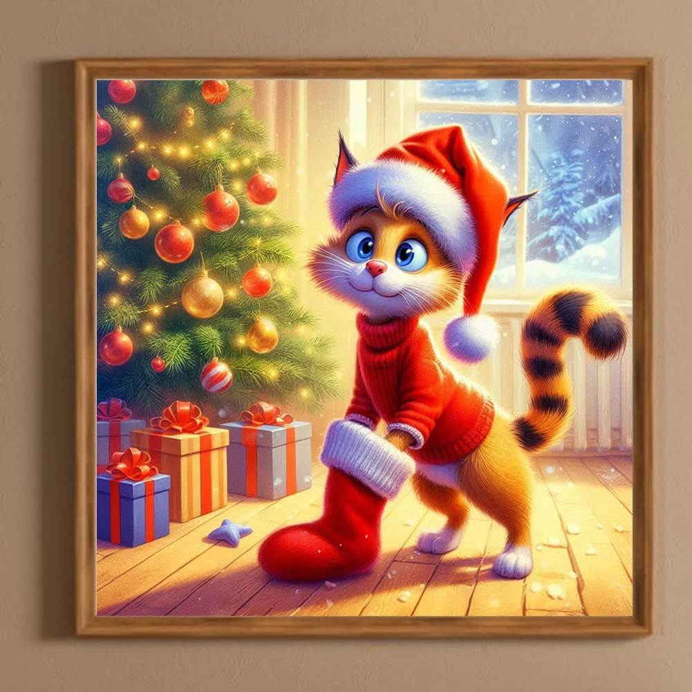 Diamond Painting - Full Round Drill - Christmas Cat(Canvas|30*30cm)