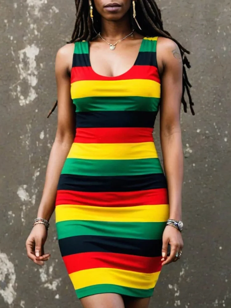 Comstylish Reggae Inspired Stripe Pattern Slip Dress