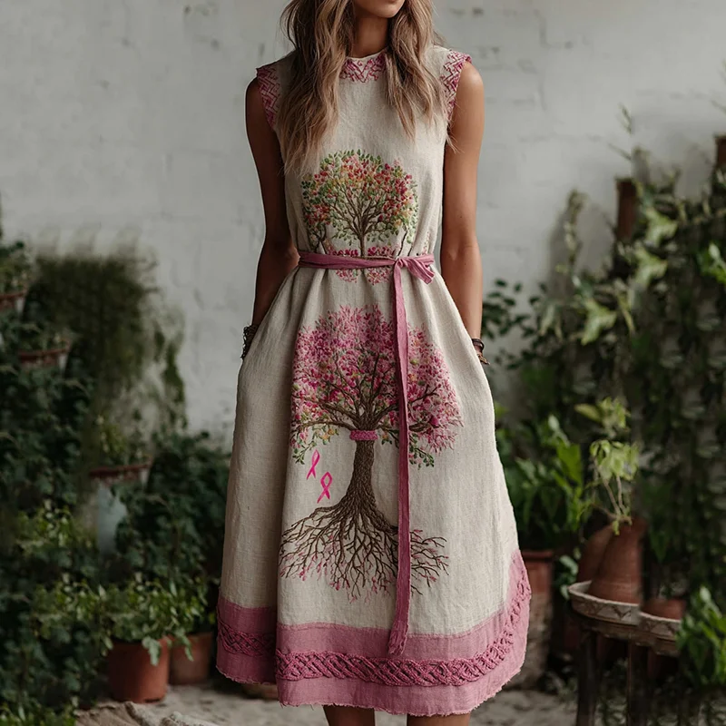 Women's Tree Of Life Pink Ribbon Embroidery Round Neck Vest Midi Dress