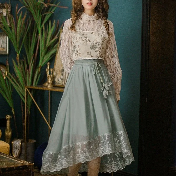 Cottagcore Floral Embroidered Cropped Camisole Top / Midi Skirt YP2329