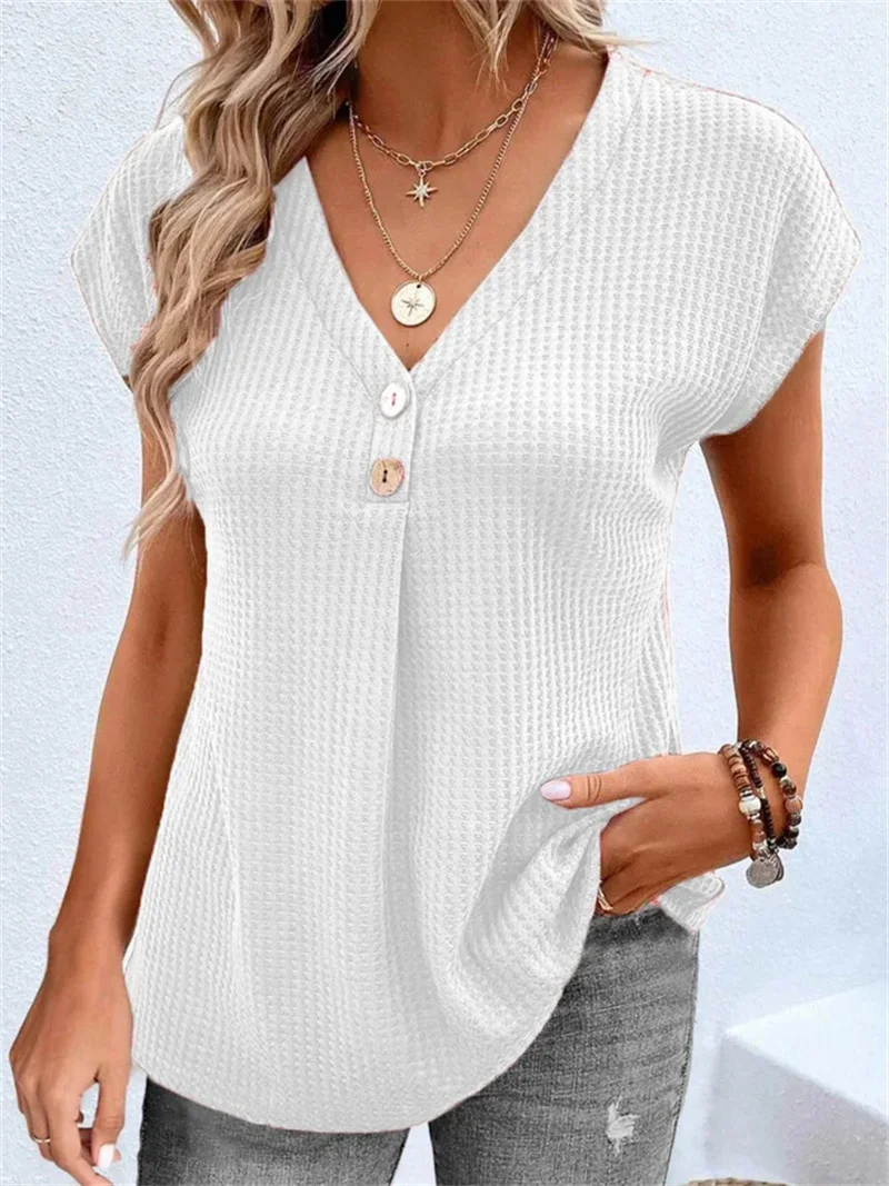 Loose V-neck Button Bat Dleeve T-shirt 