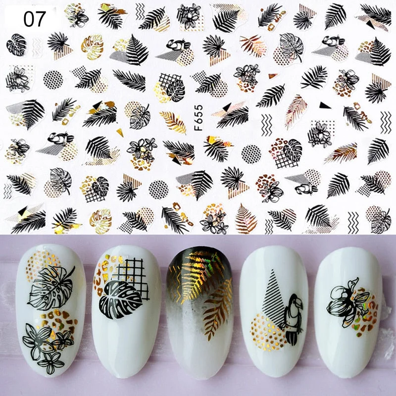 1pcs Black Gold Sping Leaves 3D Nail Sticker Coconut Tree Leaf Pattern Adhesive Transfer Decals Shiny DIY Nail Decoration