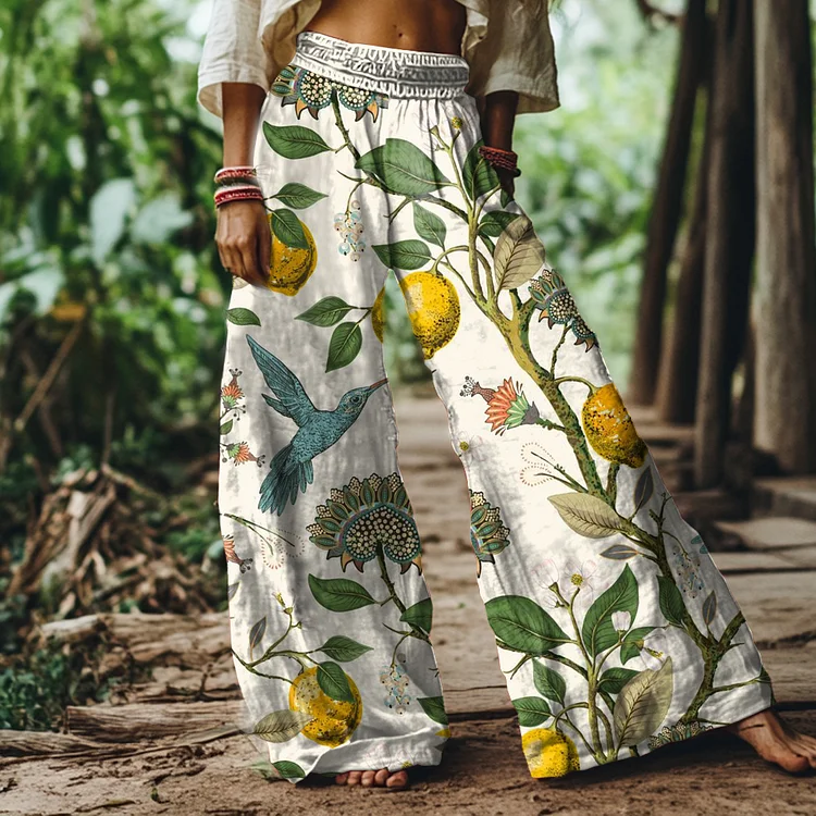 Vintage Lemon Tree Bird Art Print Loose Pants