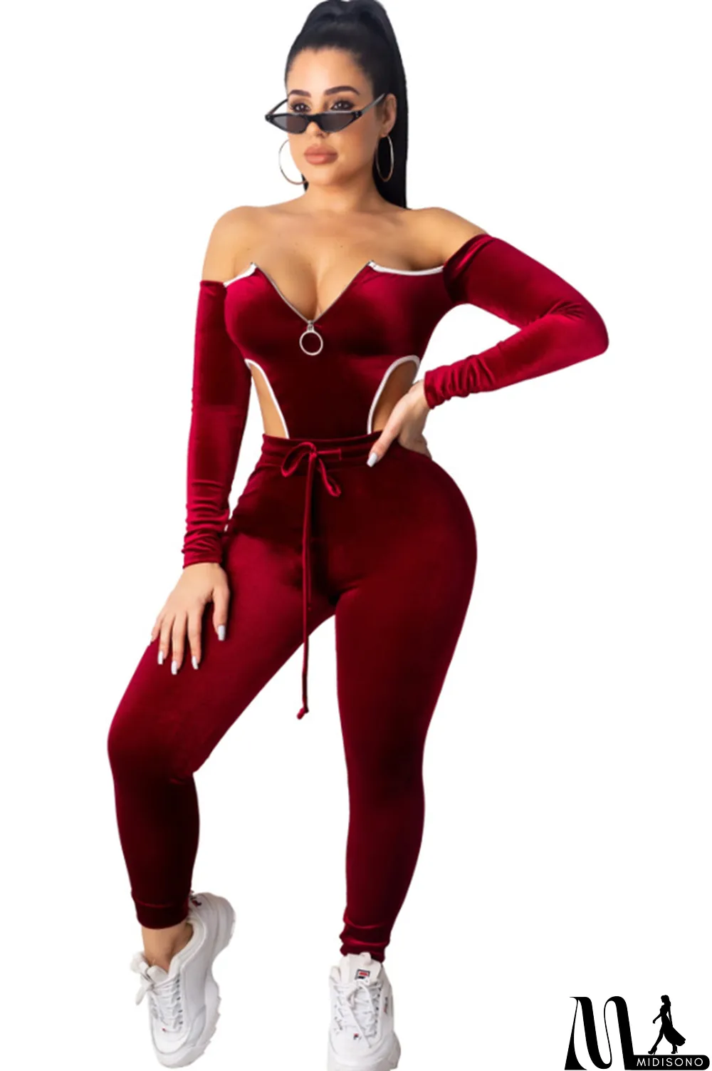 MidiSono - purple Polyester Sexy Solid Two Piece Suits pencil Long Sleeve Two-piece Pants Set