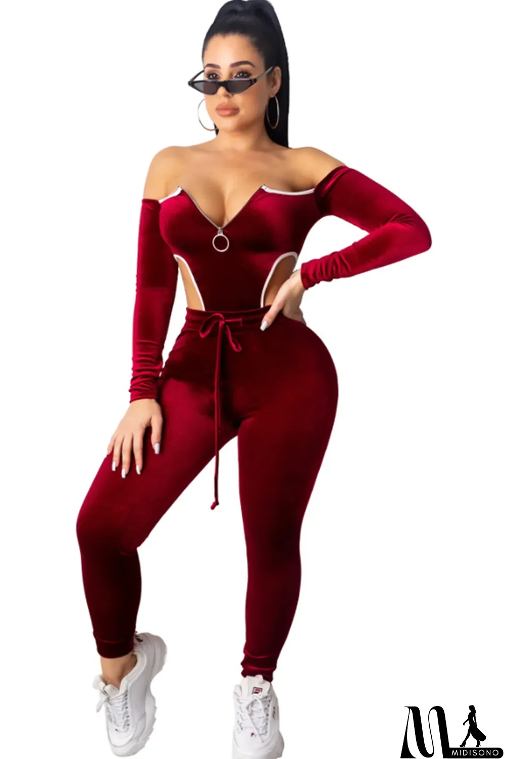 MidiSono - purple Polyester Sexy Solid Two Piece Suits pencil Long Sleeve Two-piece Pants Set