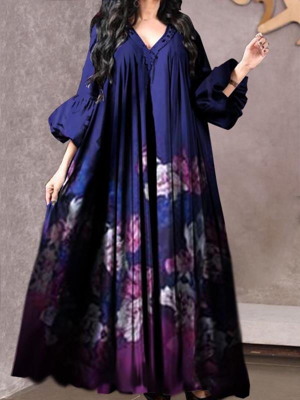 Dark blue v neck floral print long dress [PRE-ORDER]