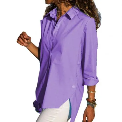 Women Casual Turn Down Collar High-low Hem Side Buttons Decor Plus Size Shirt suitable for travel daily Loose style plus size