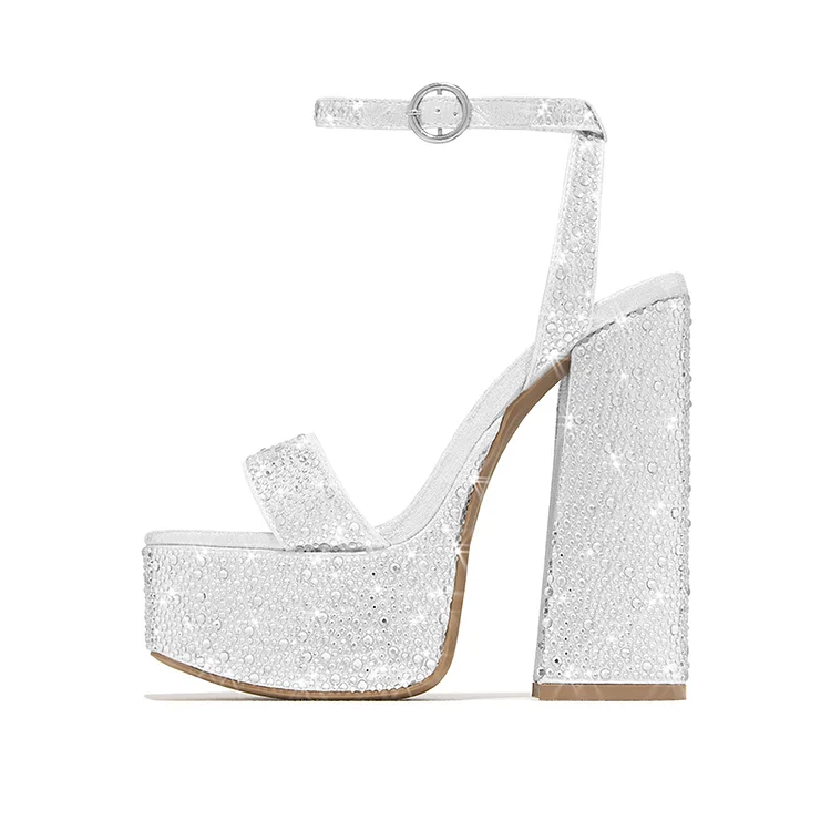 White Chunky Heel Platform Sandals Women's Rhinestone Prom Shoes |FSJ Shoes