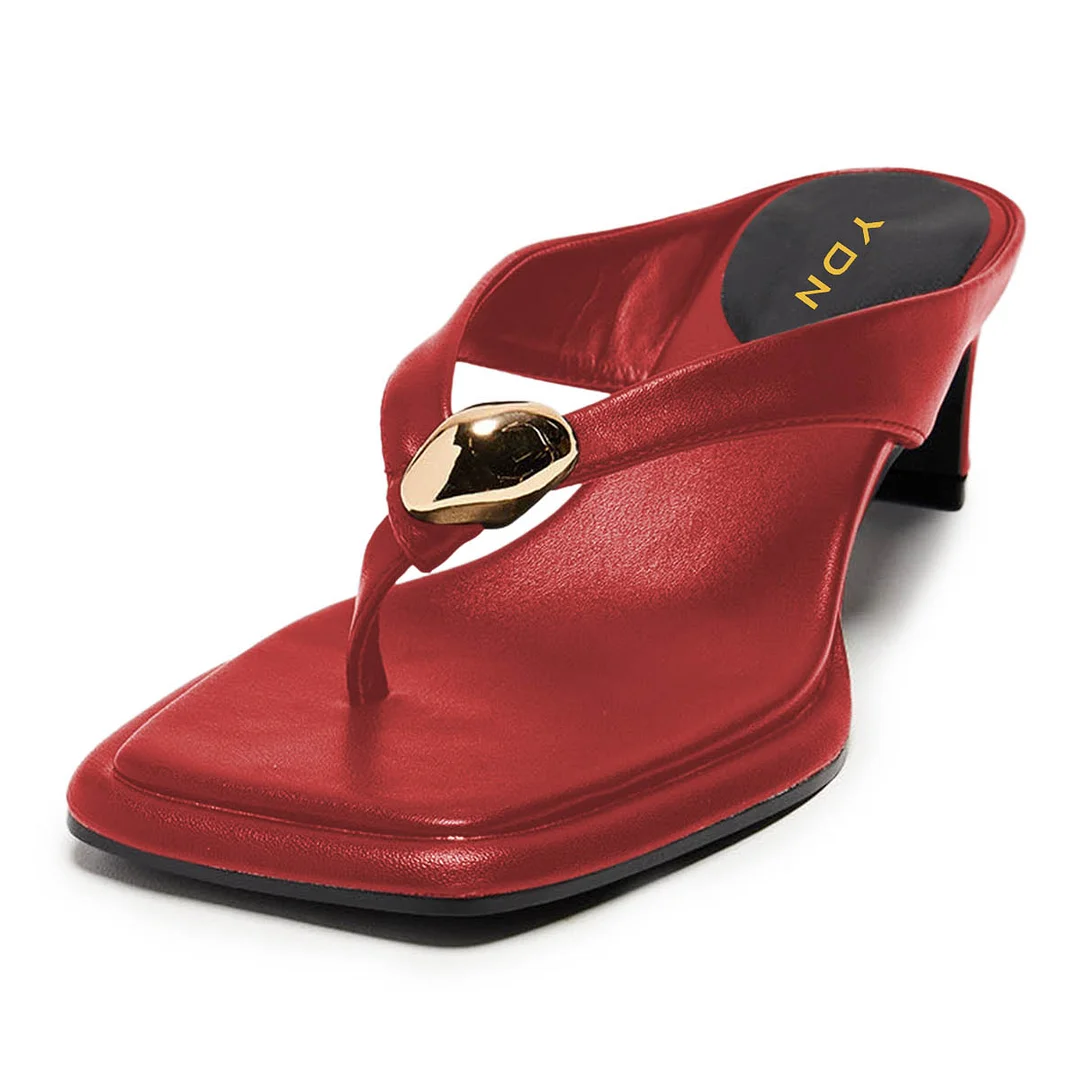 Red Open-Toe Flip Flop Chunky Heeled Sandals with Metal Accent