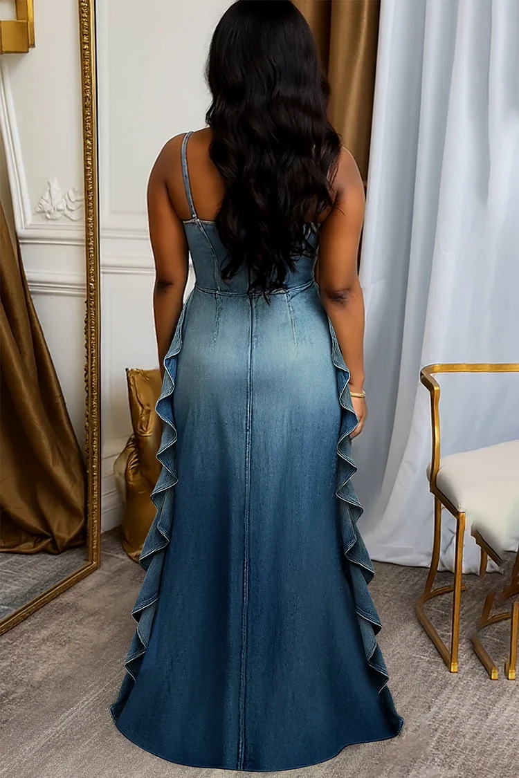 Basque Waist Ruffle Hem Ombre Denim Cami Maxi Dresses-Blue [Pre Order]