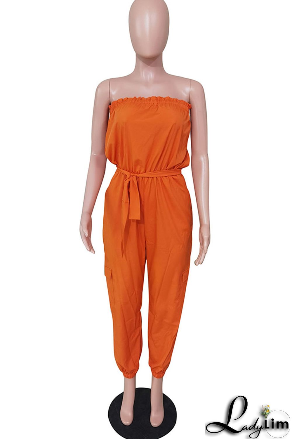 Orange Casual Solid Split Joint Strapless Regular Jumpsuits