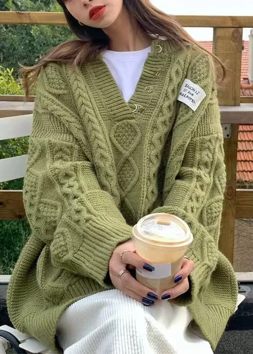 Loose Green V Neck Thick Cable Knit Sweater Tops Fall