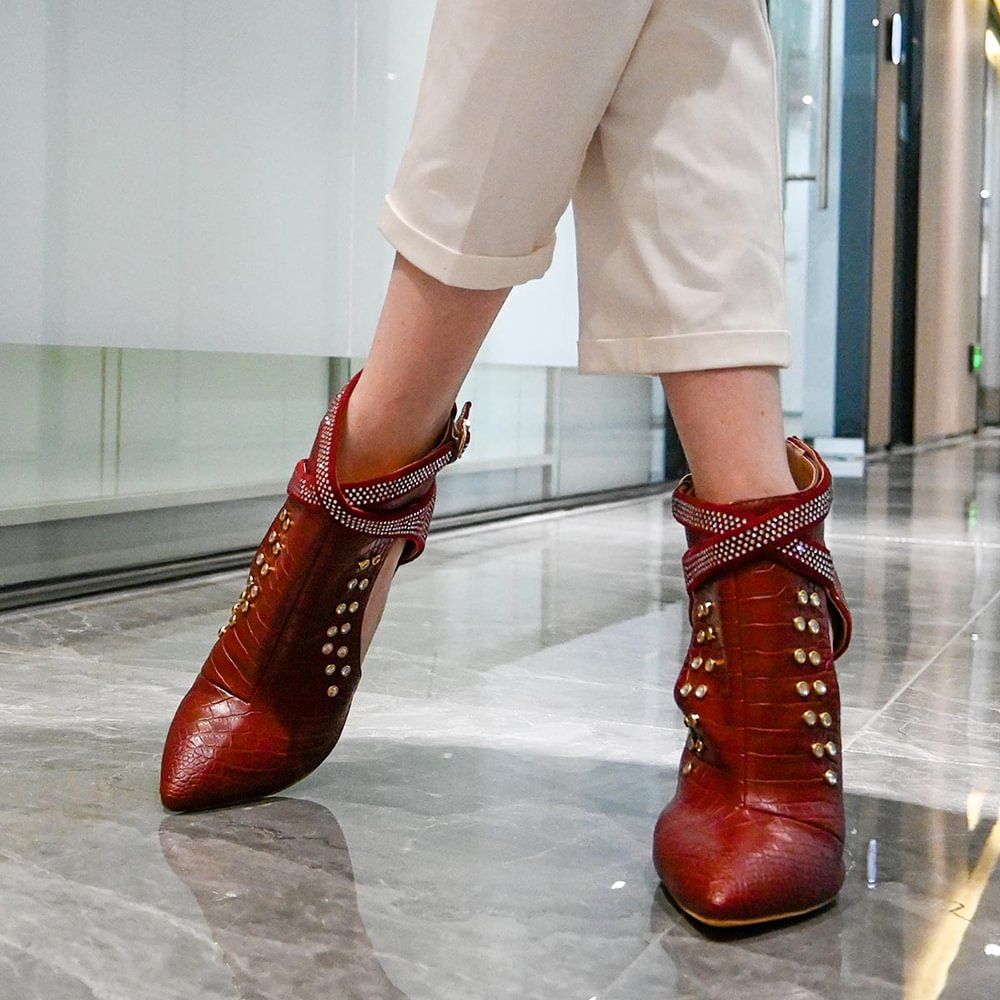 Red Almond Toe Snak Leather Ankle Boots