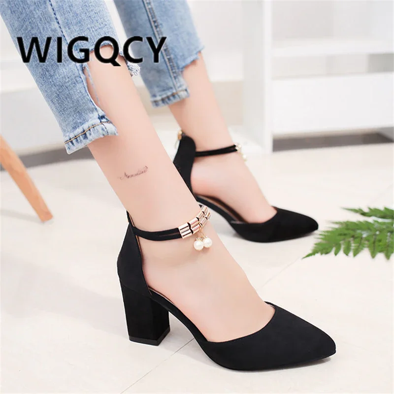 Qengg Summer Square High Heels Flock Pointed Sandals Sexy Female Summer Sandalias Shoes Mujer Zapatos Mujer Pumps 2020 Femeninas