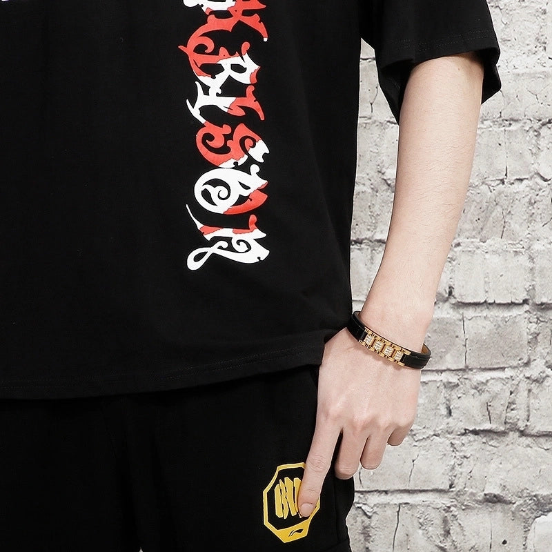 Hip-Hop Retro Color Block Pu Leather Titanium Steel Chain 18K Gold Plated Men’s Bangle