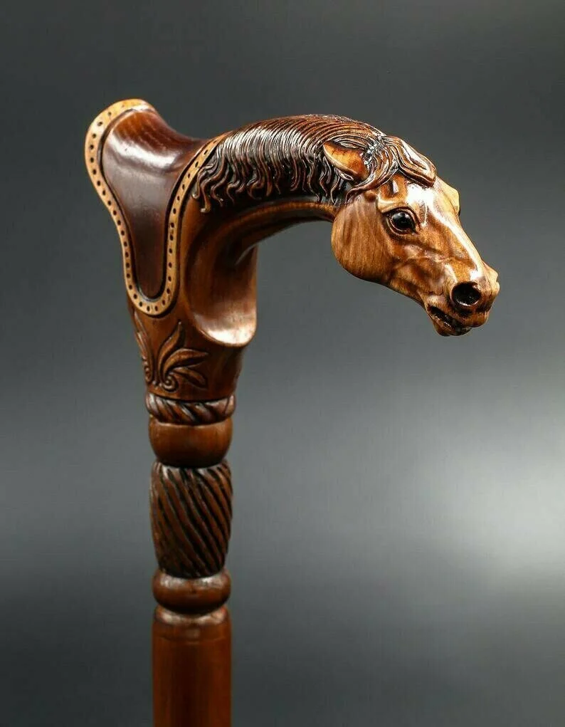 Designer Art Wooden Cane Walking Stick Horse with Saddle