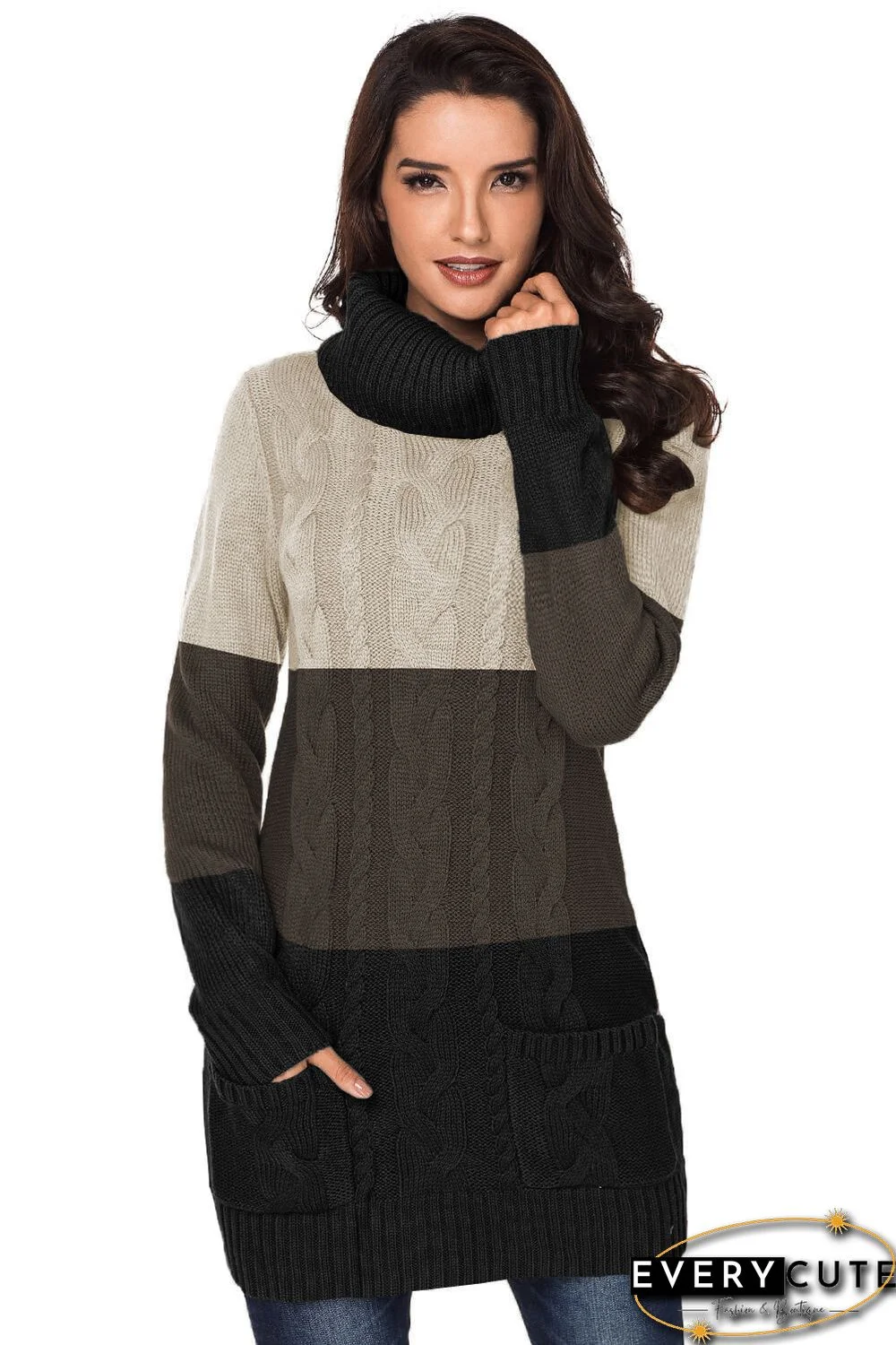 Colorblock Cowl Neck Cable Knit Sweater Dress