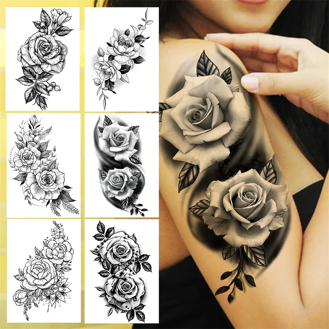 Black Rose Flower Temporary Tattoos For Women Girls Floral Peony Tattoo Sticker Dahlia Fake Anemone 3D Arm Tatoos Self Adhesive