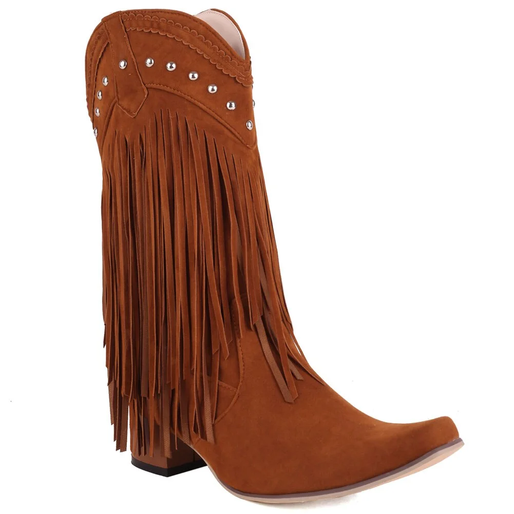 Qengg New Arrival Cowboy Western Long knee-high Boots Women Stacked Heeled Fringe Retro Casual Ridding Boots Autumn Shoes
