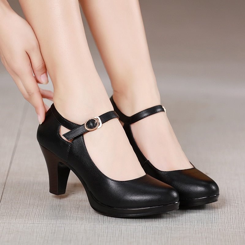 GKTINOO Genuine Leather shoes Women Round Toe Pumps Sapato feminino High Heels Fashion Black Work Shoe Plus Size 33-43