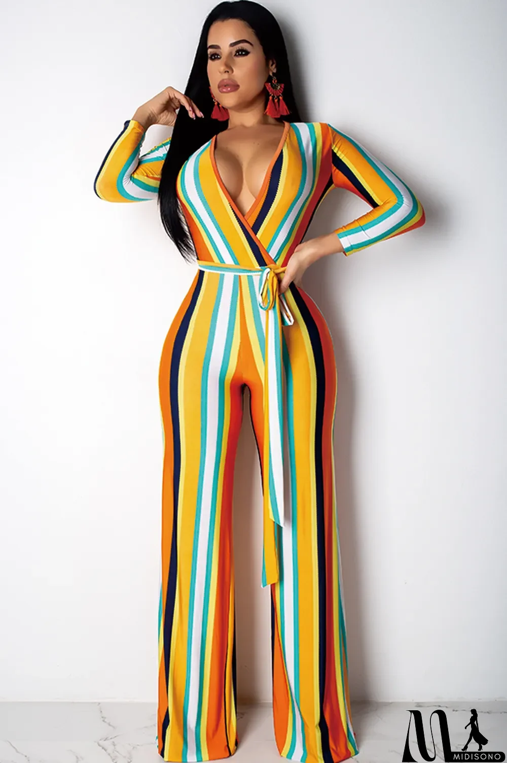 MidiSono - Yellow Sexy Fashion Long Sleeve V Neck Jumpsuits