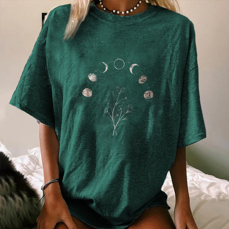   Moon And Plant Print Casual Loose Cozy T-shirt - Neojana